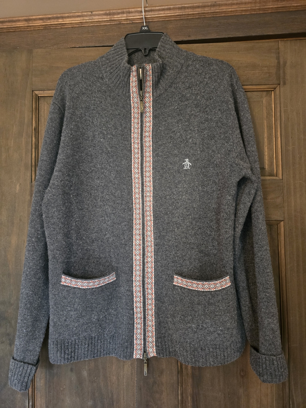 O Original Penguin Womend Charcoal Zip-Up Sweater 100% Lambswool **flaw** Large
